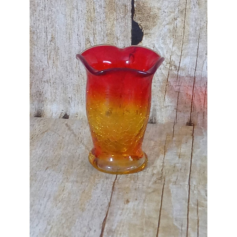 Crackle Glass Bud Vase Orange Yellow Ombre Miniature Succulent Air Plants (9A)